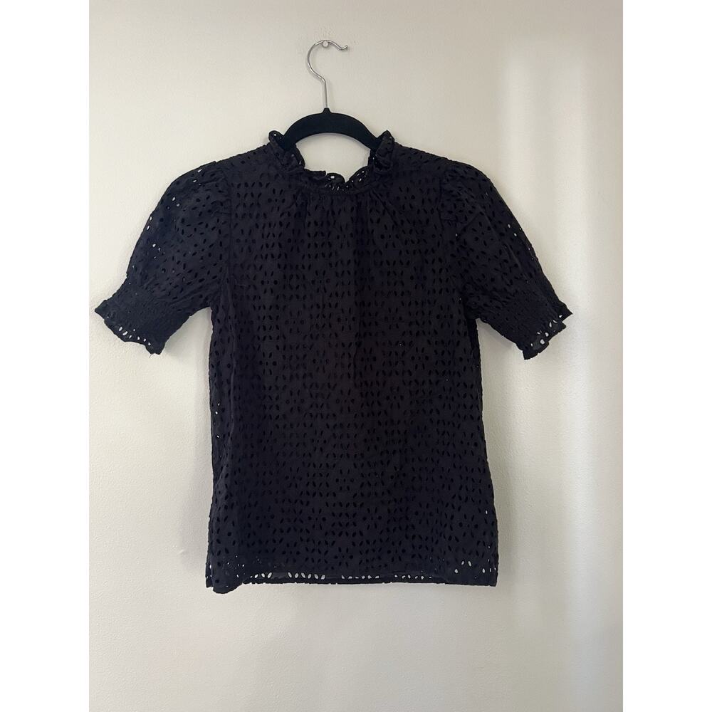 J.CREW Black Eyelet Smocked Short Sleeve Blouse Top Size xxs Ruffle 100% Cotton